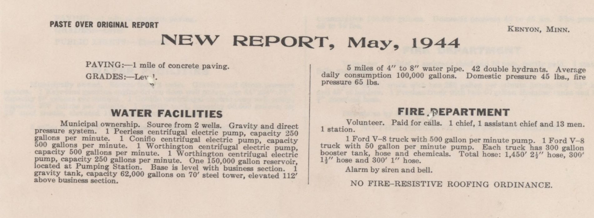 The Sanborn Map Company's water facilities and fire department report for Kenyon, revised May 1944