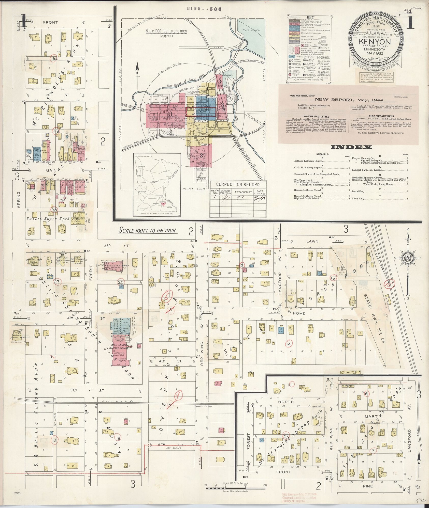 Sanborn fire insurance map of Kenyon, Minnesota, key sheet, 1933