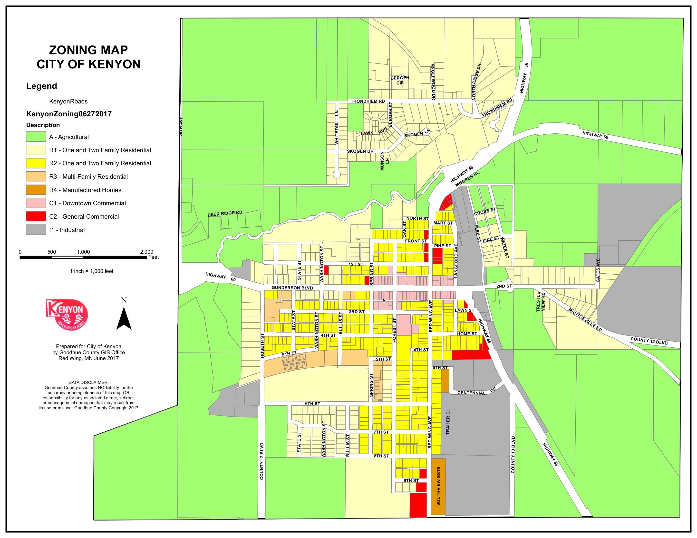 Zoning map of the City of Kenyon, Minnesota, June 2017: agricultural, R-1 to R-4 residential, C-1 and C-2 commercial, I-1 industrial districts